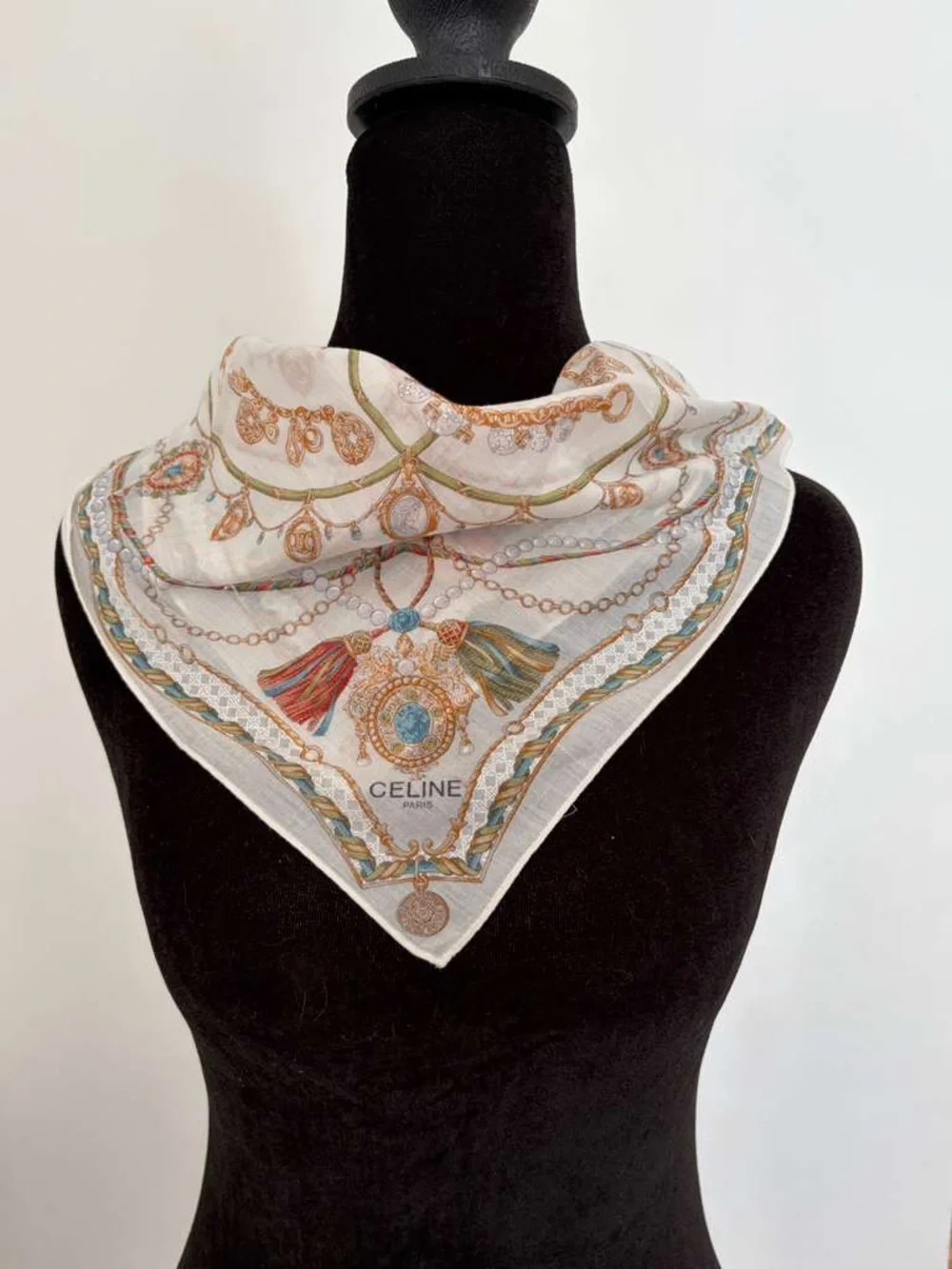 Celine White Cotton Scarf Scarves Pocket Square 18” x 18” Hand Rolled